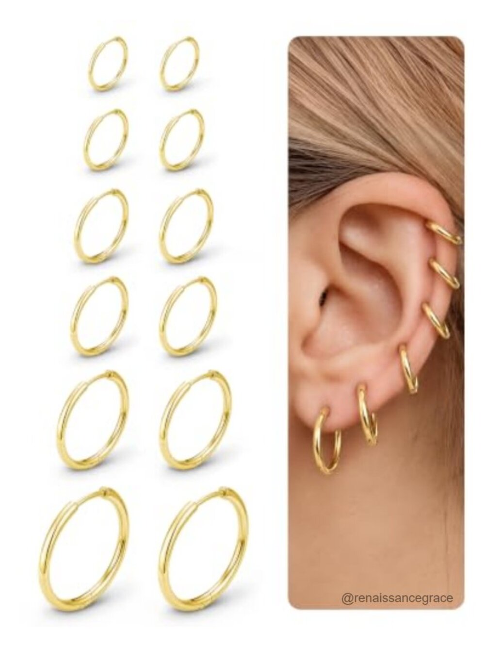 Small Hypoallergenic Stainless Steel Hinged Hoop Earrings 6 Pair Set